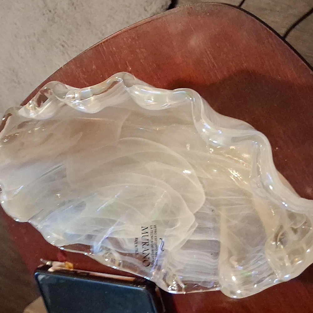 Cerulean Cream scalloped edge murano glass bowl clamshell 10in X5.5